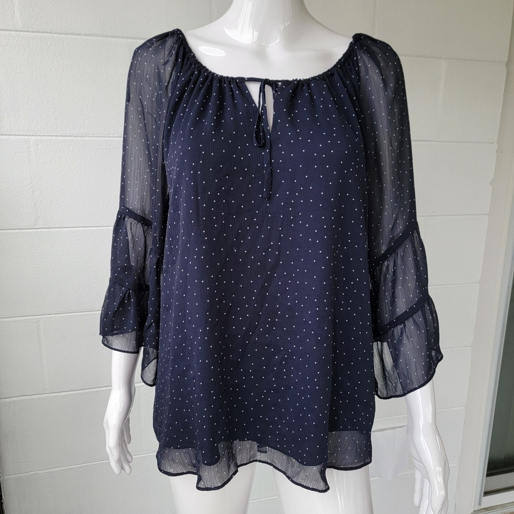Gibson Latimer Blouse Navy Blue Women's L Boho Polka Dot Peasant Romantic Career